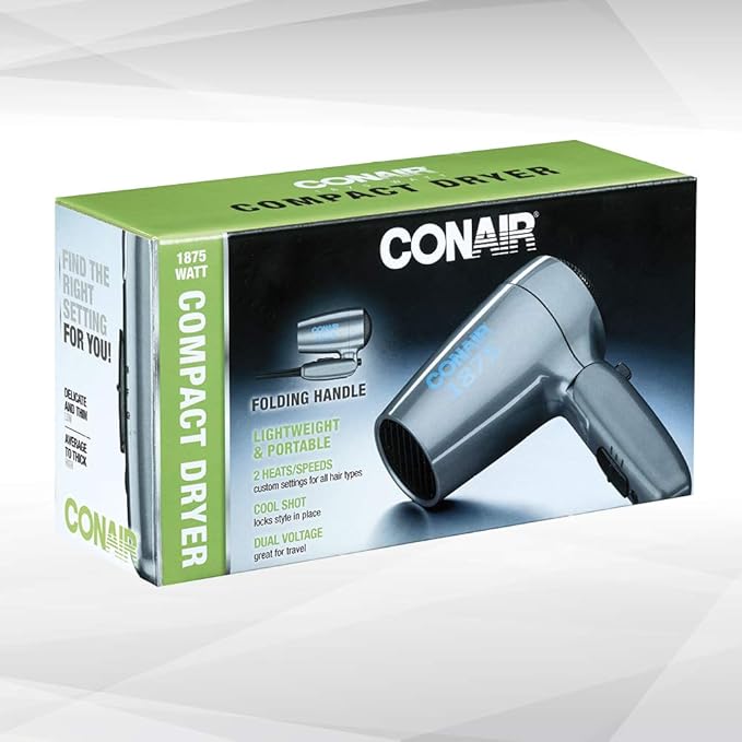 Conair Travel Hair Dryer with Dual Voltage,1875W Compact Blow Dryer with Folding Handle,Gray,(Pack of 4)
