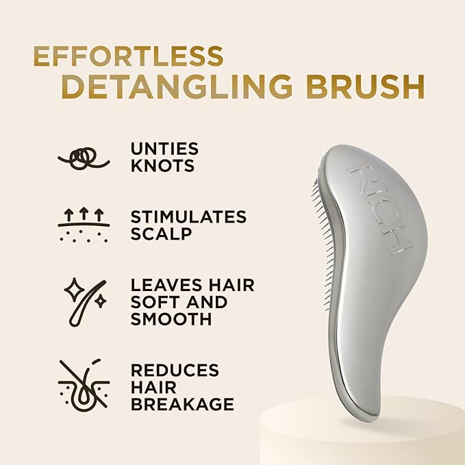 RICH Hair Care Silver Glamour Satin Touch Detangling Brush- Dry and Wet Hair Brush Detangler for All Hair Types - Keeps Hair Smooth, Anti-static, Reduces Frizz for Men, Women & Kids