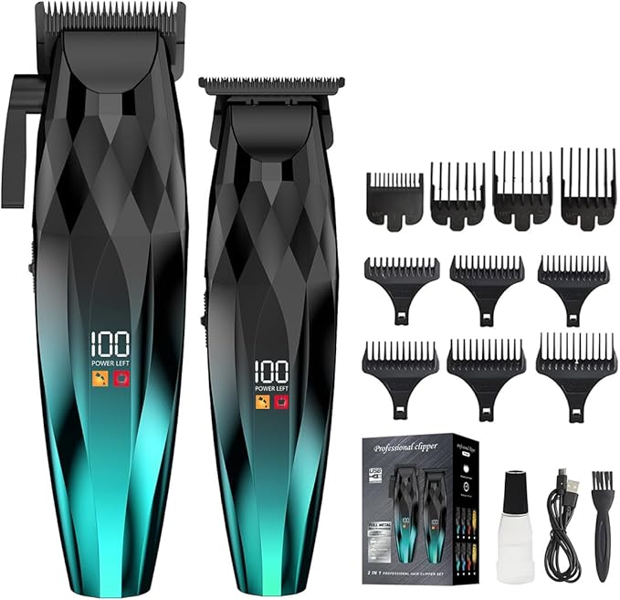 2-in-1 Professional Hair Clippers Set,Cordless Hair Clippers and T-Blade Trimmer Kit for Men,LCD Display,USB Rechargeable,Adjustable Guards,Waterproof,Beard & Body Grooming Kit (Green)