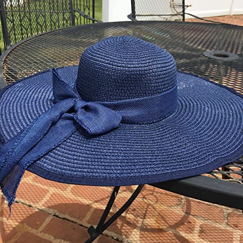 Women Wide Brim Bow Straw Hat Floppy Foldable Beach Sun Hat Roll up Cap UPF 50+ (Big Bow / Navy 5.9" Brim, 1 Pack)