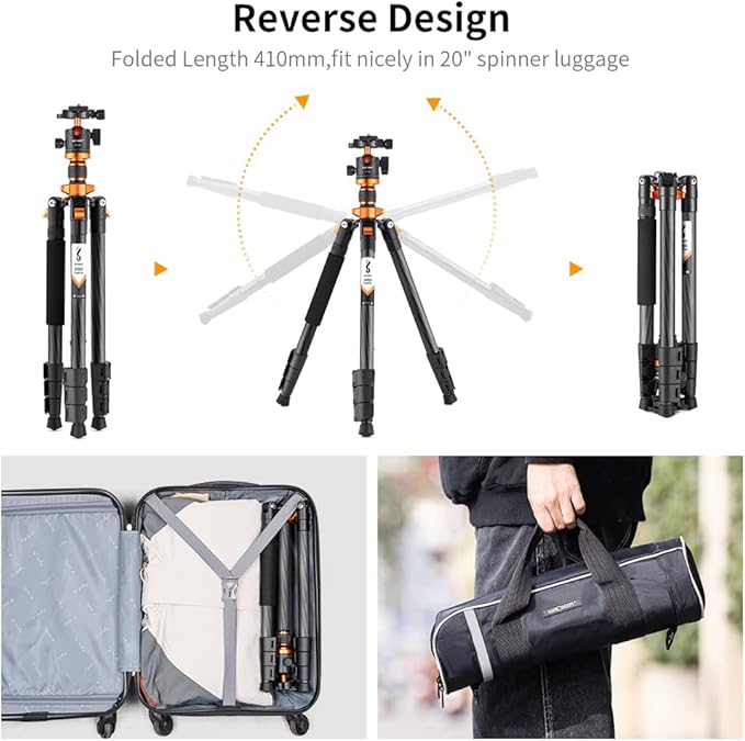 K&F Concept 63" Carbon Fiber Camera Tripods, D254C1+BH-28L Compact Tripod - Image 4