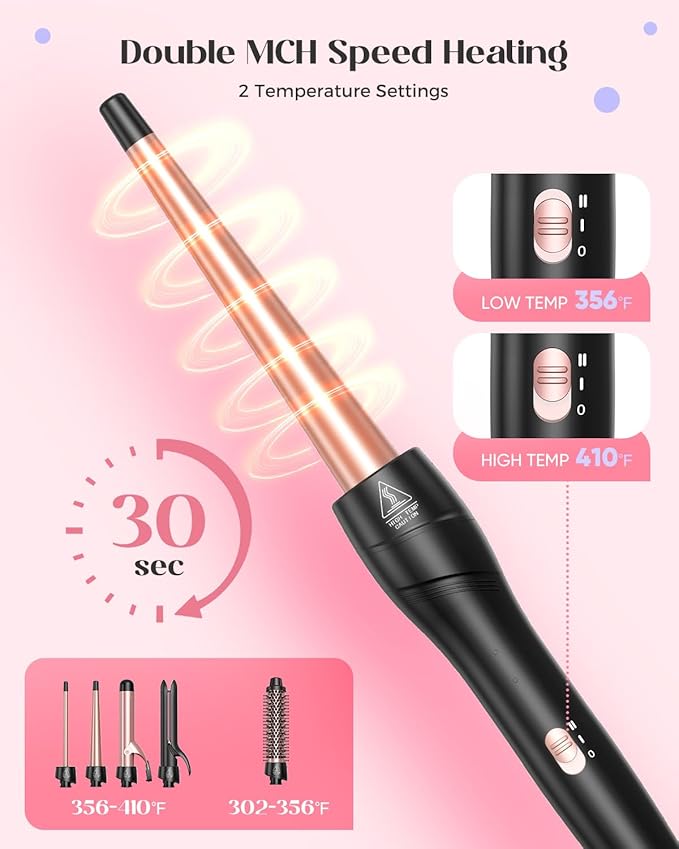 5 in 1 Curling Iron with Thermal Brush and 4 Interchangeable Ceramic Barrels(1/2 to 1 1/2 inch), Curling Wand Set with Flat Iron, Fast Heating, Dual Voltage Hair Curler, Gifts for Women