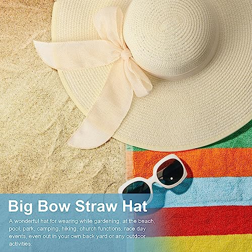 Womens Bowknot Straw Hat Foldable Beach Sun Hat Roll up UPF 50+ (Beige 5.9)