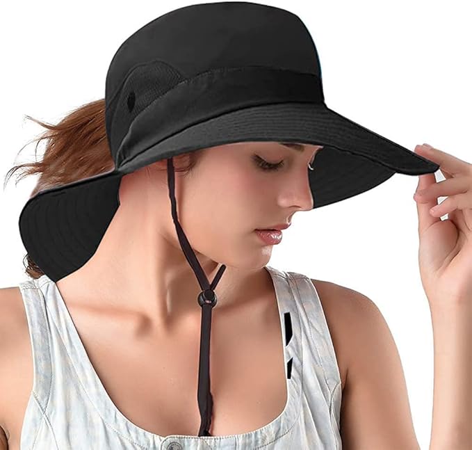 Rosoz Ponytail Sun Bucket Hats for Women UV Protection Foldable Mesh Wide Brim by Rosoz