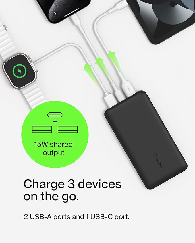 Belkin Portable Charger, USB-C Power Bank 20000 mAh w/ 2 USB-A Ports, 15W w/ - Image 5