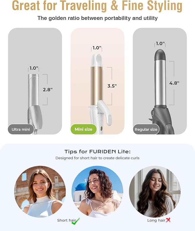 Europe Travel Curling Iron Mini: Dual Voltage Curling Iron for Traveling - Mini Travel Curling Irons 1 Inch with US Plug,Gold 450℉ for Thick/Coarse Short Hair