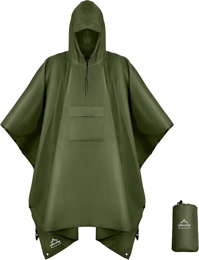 Coralrain Hooded Rain Poncho Lightweight Waterproof Unisex Raincoat Jacket by Coralrain