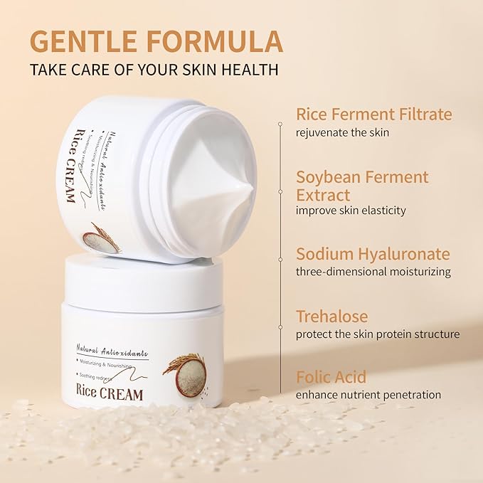 Rice Cream Moisturizer, Face Cream for Deep Moisturising, Nourishment, Smooths, Improve Dryness & Roughness, 1.76fl.oz/50g