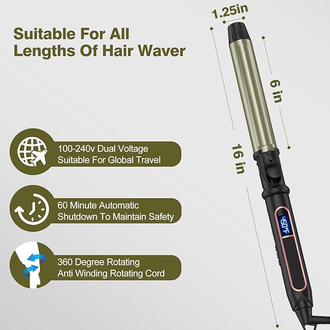 Curling Iron - Professional Manual Salon Rotating 1 1/4 Inch Hair Curler, Multi-Level Temperature Adjustment Crimper Hair Tool,Styling Tool for Long & Short Hair (Black, 1 1/4 inch)
