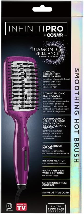 Conair Diamond-Infused Ceramic Smoothing Hot Brush/Straightening Brush, Pink, 400 Degree High-Heat with 3 Settings