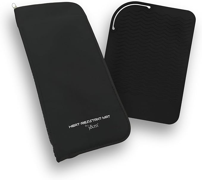 Flat Iron Hair Straightener Silicone Mat & Pouch Pack by j&m - with Heat Proof Mat for Curling Tongs/Wands/Irons - Fits ghd, BaByliss & Larger Straighteners - Zip-Up All-in-One Compact Travel Case