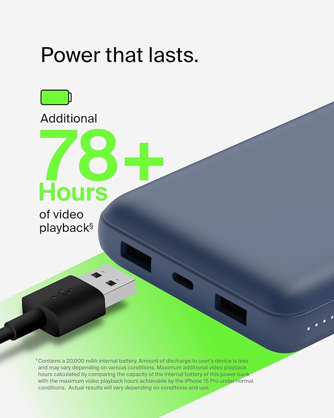 Belkin Portable Charger, USB C Power Bank 20000 mAh w/ 2 USB-A Ports, 15W w/ - Image 6