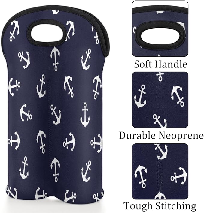 Nautical Anchors 2 Bottle Wine Carrier Tote Bag Insulated Wine Bottles Neoprene - Image 3