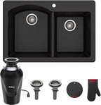 KRAUS Forteza™ 33” Dual Mount 60/40 Double Bowl Granite Kitchen Sink in Black by KRAUS