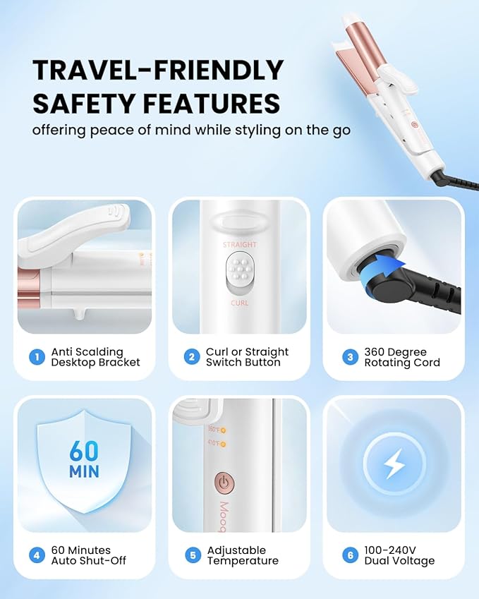 Dual Voltage Curling Iron, Mini Travel Size Curling Iron for European, 1 1/4 Inch Ceramic Plates Hair Straightener with Adjustable Temperature, European Plug Included