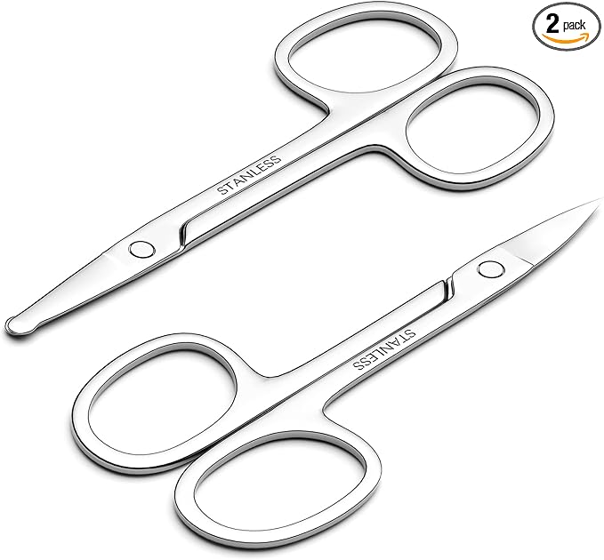 Men's and Women's Facial Hair Small Scissors, Eyebrow, Nose, Beard, Whisker, Eyelash, Ear Hair Trimming Set, Curved and Rounded Safety Tip Scissors for Haircutting 2pcs