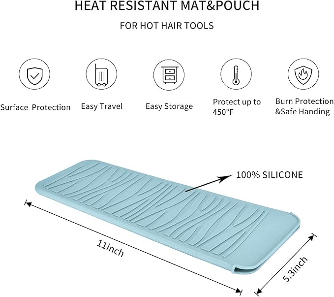 Silicone Heat Resistant Mat Pouch for Hair Styling Tools, 1 Pack, Grey, Silicone, Flat, Dry Hair, 11 x 5.3 inches, 55 grams, 480 degrees Fahrenheit, Includes Silicone Heater Surface