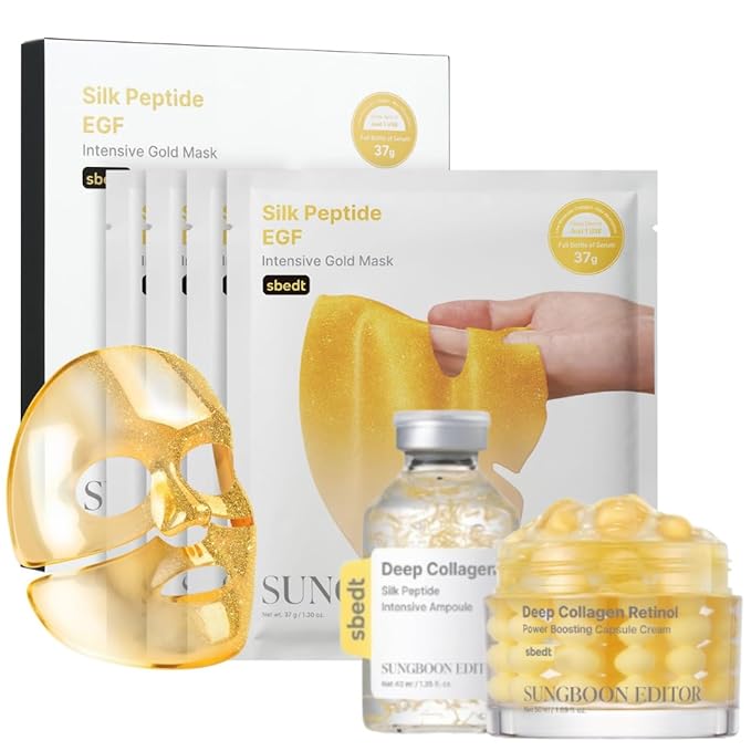 SUNGBOON EDITOR Peptide & Retinol Glass Skin Set – Copper Peptide Serum 1.35 fl oz + EGF Gold Mask (4ea) + Collagen Retinol Capsule Cream 1.69 fl oz