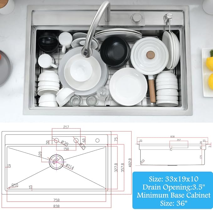 33 Inch Drop In Waterfall Kitchen Sink Workstation-Bokaiya 33x19 Drop In - Image 9