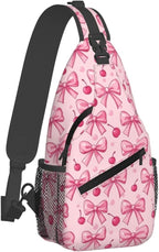 SUPLUCHOM Sling Bag Pink Bows Cherry Hiking Daypack Crossbody Shoulder Backpack - Image 2