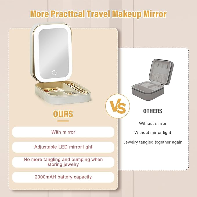 LiveGo 3-Color LED Travel Jewelry Case and Makeup Bag with Mirror, Dust-Proof Jewelry Box, 10 Sealed Jewelry Bags - Compact Cosmetic Mirror Case for Women Girls Travel Essentials (White)