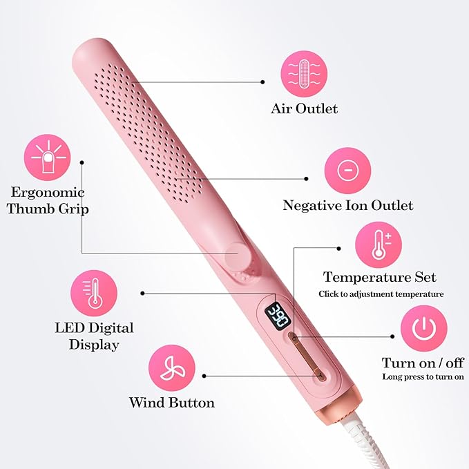 Hahahope Airflow 2 in 1 Straightener and Curler- 360° Airflow Styler Curling Iron, 1.25" Flat Iron Hair Straightener and Curler 2 in 1 for Short Long Hair, 5 Temps,Dual Voltage,Light Pink