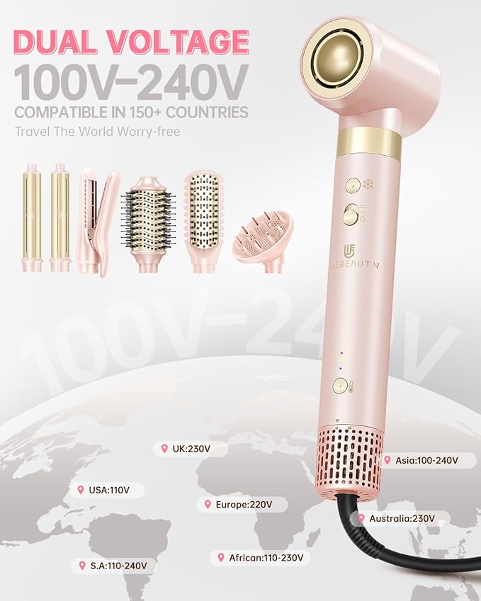 Hair Dryer Brush 8-in-1 Dual Voltage Hot Air Styler – Fast-Drying 110,000 RPM Ionic Blow Dryer with Straightener & Curler Attachments, Frizz-Free Volumizing Styler with Protective Hard Case-Pink