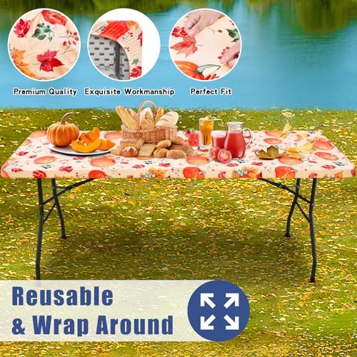 2 Pack Rectangle Spandex 6FT Elastic Fitted Thanksgiving Tablecloth (Orange & Beige / 72" x 30" (Rectangular))