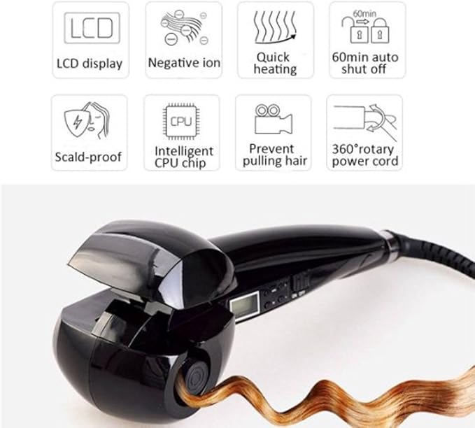 Hann Hair Curler, LCD Pro Salon Automatic Ceramic Roller Wave Machine Styler, Black, 1 Count (Pack of 1)