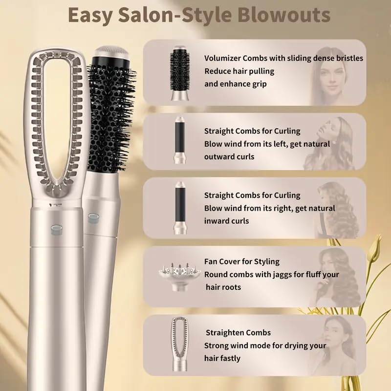 5-in-1 Hair Dryer Brush Set, 1200W, Lightweight, ALCI Safety, Tourmaline Technology, Champagne Gold (Champagne Gold) (Champagne Gold)