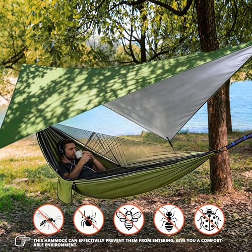 Camping Hammock with Rain Fly Tarp Mosquito Net Heavy Duty Tree Straps Portable Double Parachute Hammock Tent Waterproof Rainfly Set 660lbs Maximum Weight (Rain Fly Size：98.4x59in / Armygreen)