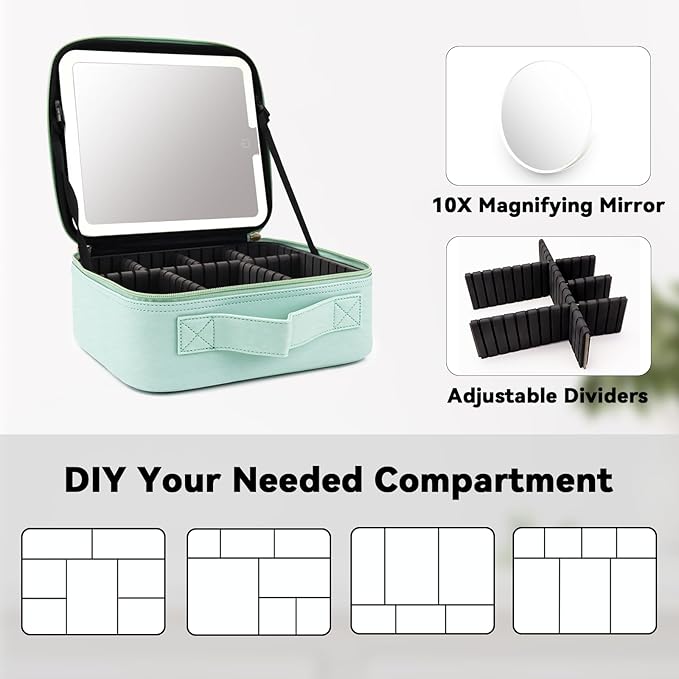 Travel Makeup Bag with LED Mirror and 10x magnifying glass with 3 Lighted - Image 4