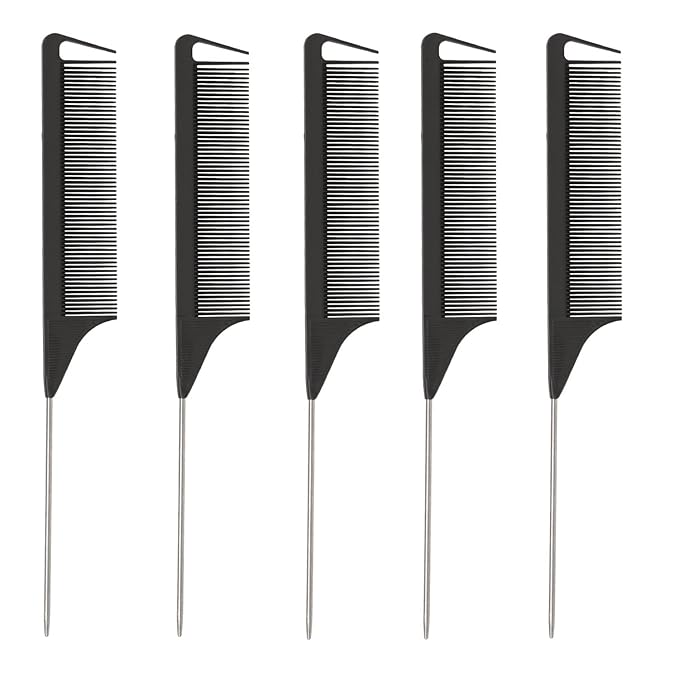 STUDIO LIMITED Carbon Pin Tail Comb Set – 5 Pcs Rat Tail and Parting Combs with Stainless Steel Tips, Anti-Static Styling Tools for Easy Parting