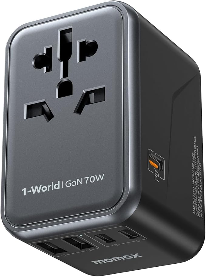 MOMAX Universal Travel Adapter, GaN 70W International Power Adapter, 3 USB-C PD by MOMAX