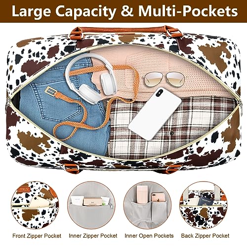 Weekender Bag for Women 21.5" Travel Duffel Large Carry On Bag 3PCS (Large / 5-Brown Cow-Single)