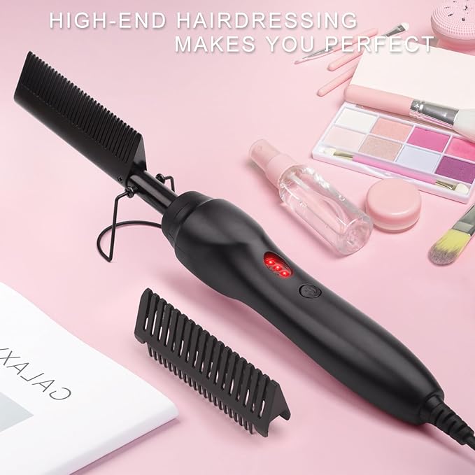 Electric Hot Comb Hair Straightener Heat Pressing Comb Curling Flat Iron Curler Hair Straightener Brush for Natural Black,Anti-Scald Beard Straightening Electric Press Comb (Black-3-Gear)
