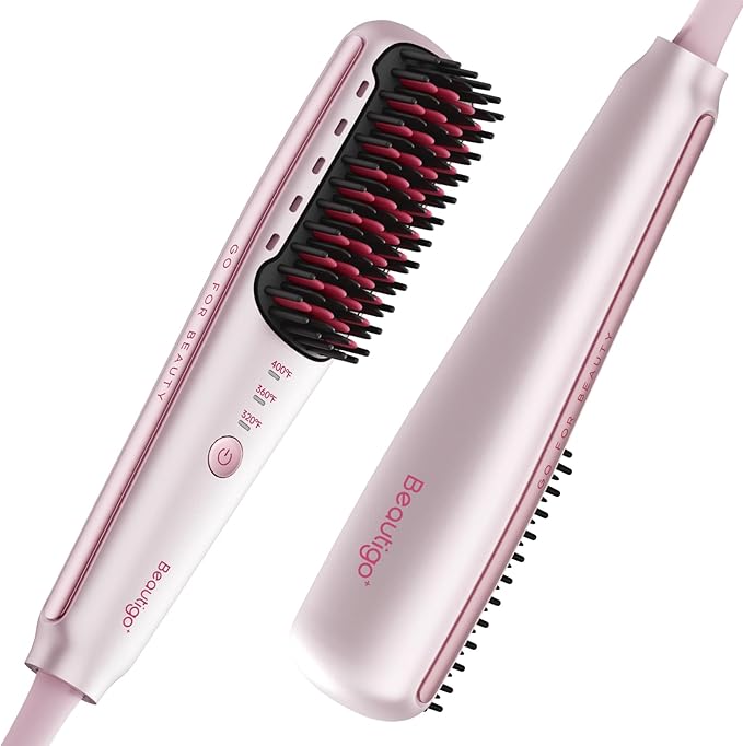 Hair Straightener Brush, Hair Straightener Comb with 3 Temps 20s Fast Heating Shine, Gold Rose