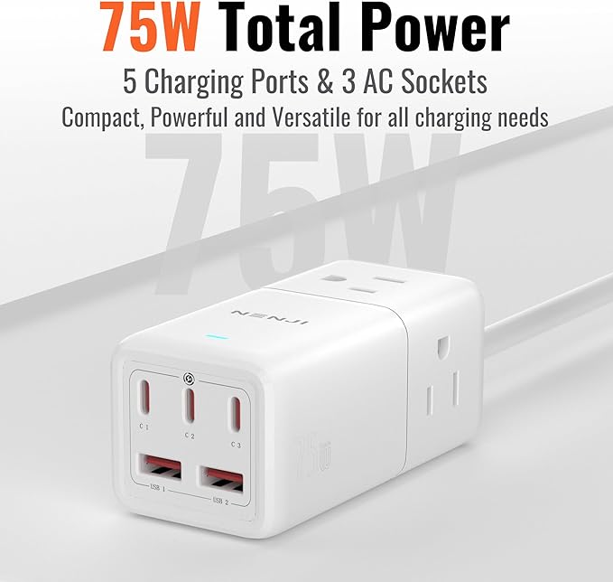 NENJI 75W GaN USB-C Super Fast Charging Station, 8-in-1 Power Strip - Image 2