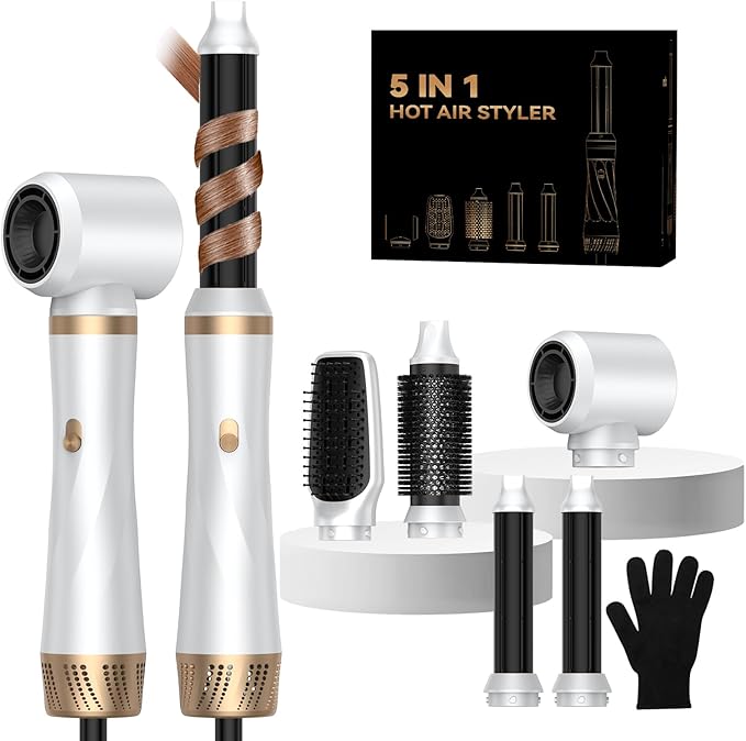 Hair Dryer Brush 5 in 1, Blow Dryer Brush Set with Air Curler Wrap Hair Styler, Negative Ionic Blow Dry Brush, Detachable Hair Tool for Curling, Volumizer,Straightener,Drying