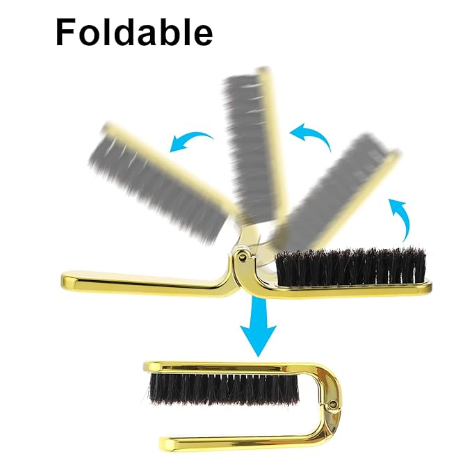 Foldable Boar Bristle Hair Brush, 2 Pcs Travel Folding Collapsable Pocket Size Brush for Women, Anti-Static Range Styling Tool Mini Beard Brush for Men (Black & Gold)
