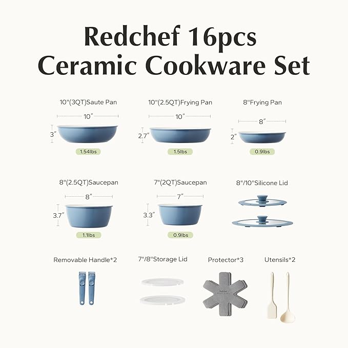 Redchef 16pcs Ceramic Nonstick Pots and Pans Set, Kitchen Cookware Set - Image 9
