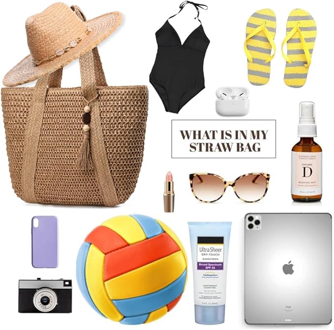 Straw Beach Bags for Women Woven Beach Tote Bag Casual Boho Large Shoulder - Image 3