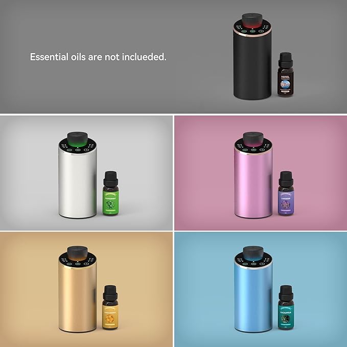 Waterless Essential Oil Diffuser Scent Aromatherapy Diffusers for Home Large Room, Car, Office, Portable Battery Operated Cordless Air Freshener, 4 Timers & 3 Mist Levels, 100ml Capacity (Golden)