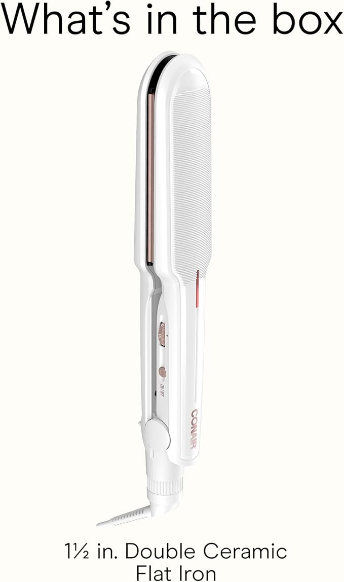 Conair Double Ceramic Flat Iron, 1½-inch Flat Iron, 5 Heat Settings Up to 410°F, Extra-Wide Floating Plates, For All Hair Types and Textures, White