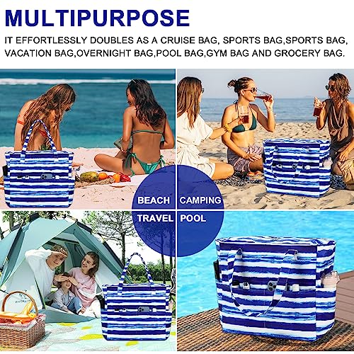 Waterproof Beach Tote Pool Bags for Women Ladies Extra Large Gym Tote Carry On Bag With Wet Compartment for Weekender Travel (Blue White Stripes)