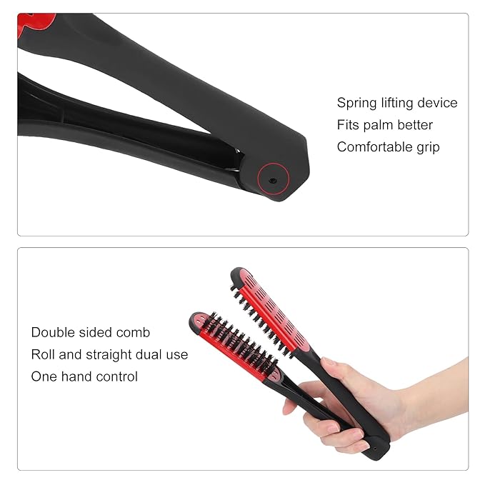 Clamp Hair Straightening Brush - Double-Sided Bristle Brush for Hair Straightening, Styling and Hairdressing for Women and Men (Red)