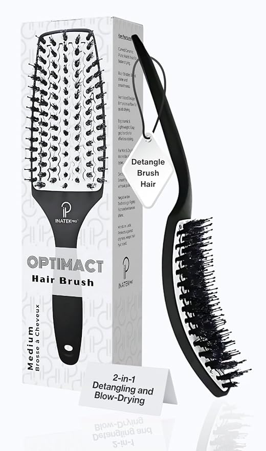 Curved Vented for Blow Drying - Boar Bristle Brush (Medium) with Comfortable Handle - Soft Bristle Brush for Thick and Fine Hair - Natural Boar Bristles for Women, Men & Kids - White