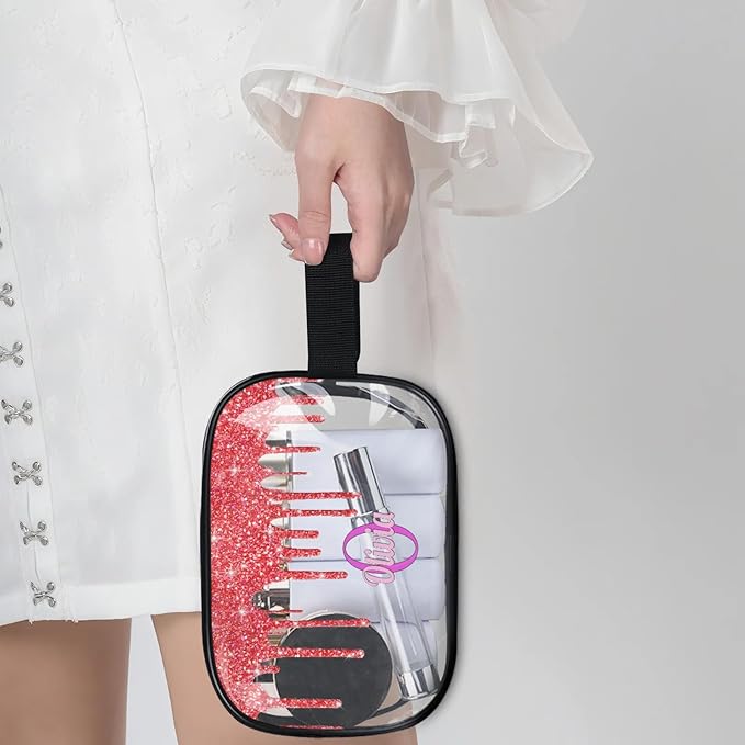 Custom Clear Travel Cosmetic Bag with Name, Personalized Transparent Large Capacity Weekend Toiletry Bag Portable Bathroom Makeup Organizer, Shiny Sparkly Fluid Shape Red Glittering