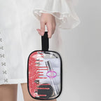 Custom Clear Travel Cosmetic Bag with Name, Personalized Transparent Large Capacity Weekend Toiletry Bag Portable Bathroom Makeup Organizer, Shiny Sparkly Fluid Shape Red Glittering