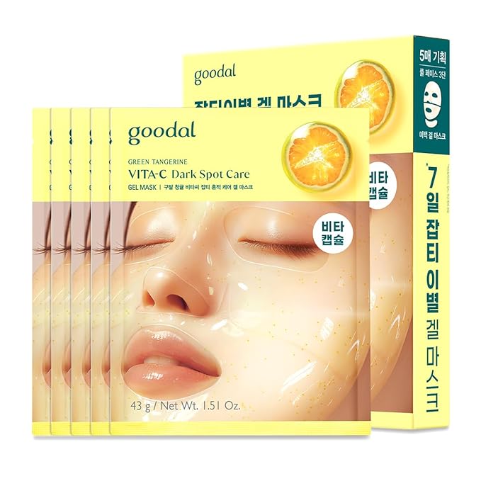 GOODAL Green Tangerine Vita C Gel Mask, Deep Moisturizing Hydrogel Essence, Vitamin C Face Mask for Glass & Glow Skin, Overnight Facial Mask, Jelly Mask for Sensitive Skin, Korean Skin Care, 5EA